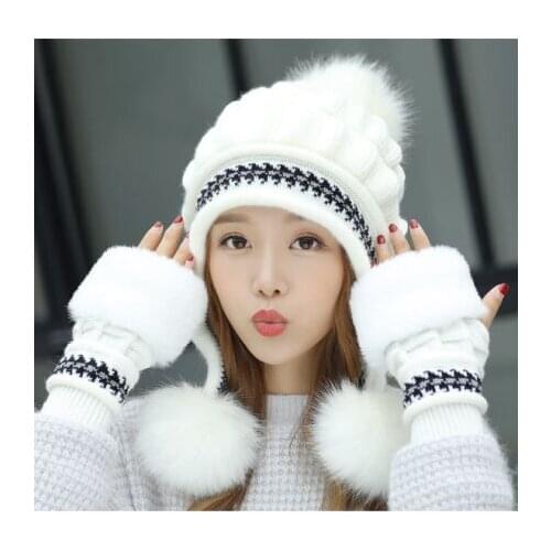Hotsale Girls Thicken Ski Snow Cap New Fashion Fur PomPoms Winter Women Beanie Hats Female Skullies Warm Gloves + Knit Hat Set