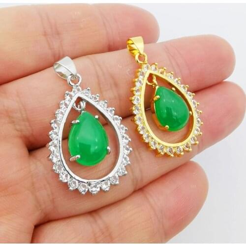 Charming 22x27MM Inlaid Drop Green Jades Stone Rhinestone Hollow Cutting Pendant 1PCS