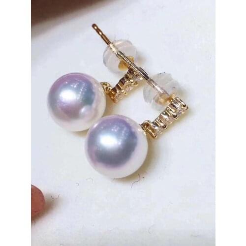 Fine Jewelry Pure 18 K Gold Natural Fresh Water 8-8.5mm White Pearls Earrings for Women Fine Pearl Earrings
