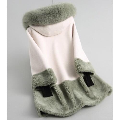 Real Wool Fur Coat With Natural Fox Fur Collar Hooded 2020 Long Sheep Shearing Coats Winter Jacket Women 18162 WYQ2027