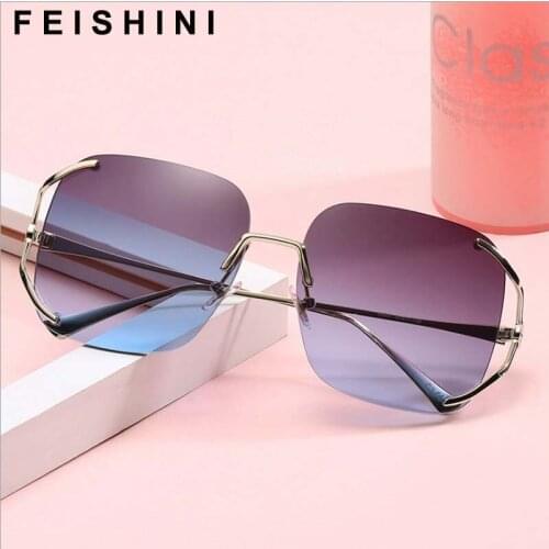 FEISHINI Celebrity Quality Oversized Sunglasses Rimless Female Original Luxury Brand Designer Pierced Sun Glasses Women Vintage