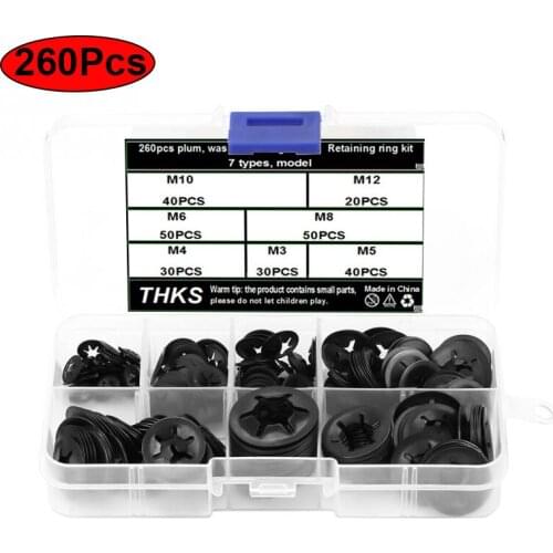 260pcs / Box Manganese Steel Plum Blossom Circlip Bearing Inner Teeth Fixed Lock Pad Pattern Washer M2-12 Set