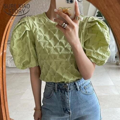 Loose Puff Sleeve Summer Pleated Blouse Women Korean O Neck Elegant Woman Shirt 2021 Fashion Casual Lady Tops Blusas Mujer 15369