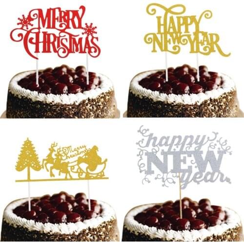 Cake Topper Happy New Year Decoration Santa Claus Elk Tree Merry Christmas Red Gold Cake Flags DIY Party Cupcake Decor navidad