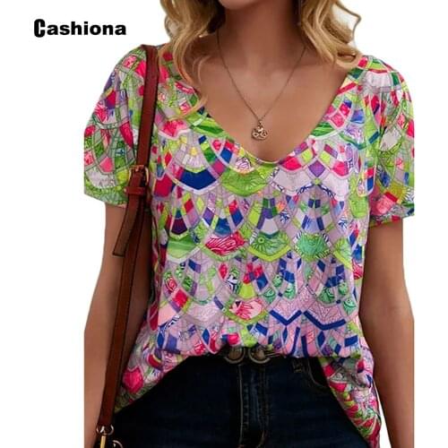 Fashion Tops Women Bohemian V-neck T-shirt Patchwork 3D Print Womens Clothing 2021 Summer New Tees Shirt Casual Pullovers Femme