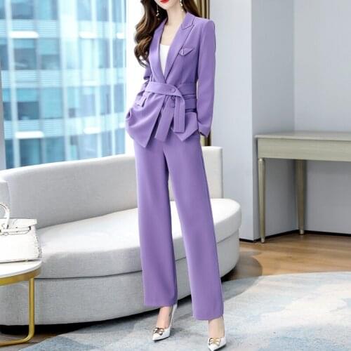 Women Spring Autumn Work Pant Suits Casual 2 Piece Set For Women Business Wide Lega Pants Suit Set Belt Blazer Office Lady Suit