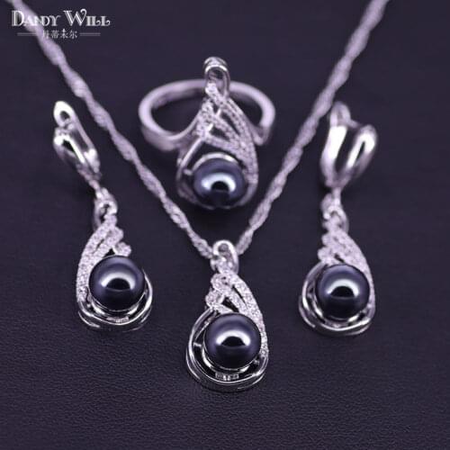 Women Costume Freshwater Natural Black Pearl Silver Color Jewelry Sets Zircon Pendant&Necklace Rings Earrings Gift Box