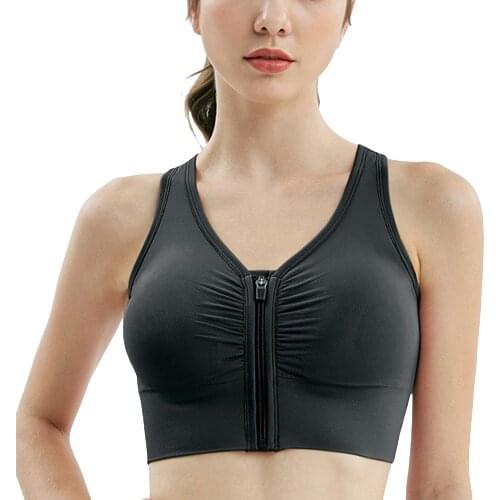 Women Sports Bra Front Zipper Gather Effect Cross Shoulder Straps Removable Clothing