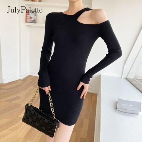 JulyPalette Sexy Hollow Out Halter Knitted Dress Autumn Winter Chic Ladies Short Bodycon Dress Elastic Slim Sheath Dresses 2021