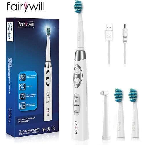 Fairywill Electric Sonic Rechargeable FW917 Toothbrush USB Fast Charge Waterproof Electronic Tooth Replacement 3 Heads For Adult