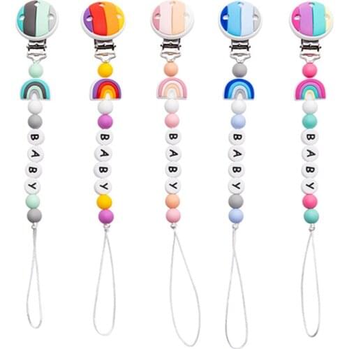1Pcs Rainbow Silicone Beads Infant Newborn Toddler Pacifier Clips Holder Chain Food Grade Silicone Holder