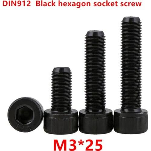 300pcs DIN912 M3*25 Black grade 12.9 Alloy Steel Thread 3mm Hexagon Socket Hex Head Cap Screw Screws Cylinder Allen Bolts