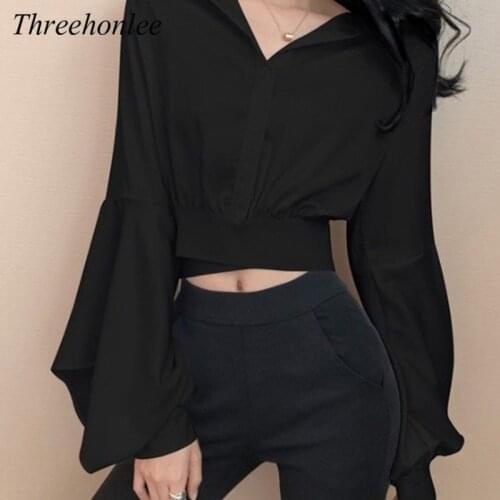 2021 Spring Sexy Blouse For Women V-neck Button Long Sleeve Vintage Casual Crop Tops Female Korean Fashion Chiffon Shirt