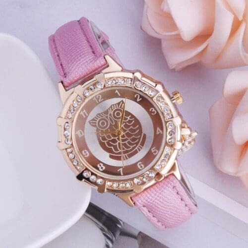 Brand Casual Women Leather Watch Fashion Rhinestone Design Quartz Owl Watches Ladies Clock Wristwatch New Arrival Dress Gfits