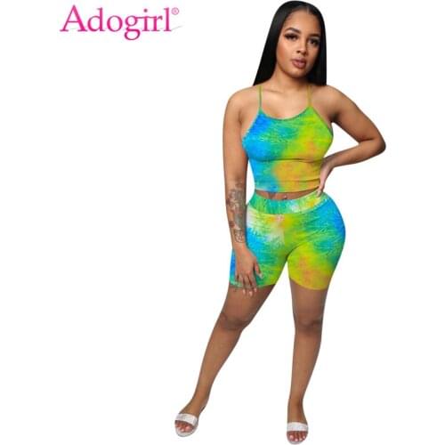 Adogirl Tie Dye Print 2 Piece Set Women Tracksuit 2020 Summer Spaghetti Straps Crop Top Shorts Fitness Home Clothes Suit