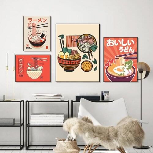 Ramen Noodles with Eggs Canvas Poster Janpanese Vinatge Sushi Food Painting Retro Kitchen Restaurant Wall Art Decoration Picture