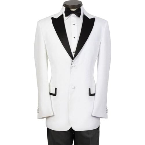 Custom Made to Measure mens BESPOKE suit,white jacket + black peak lapel + black pants+ tie+P sqaure, Tailored fashion tuxedos