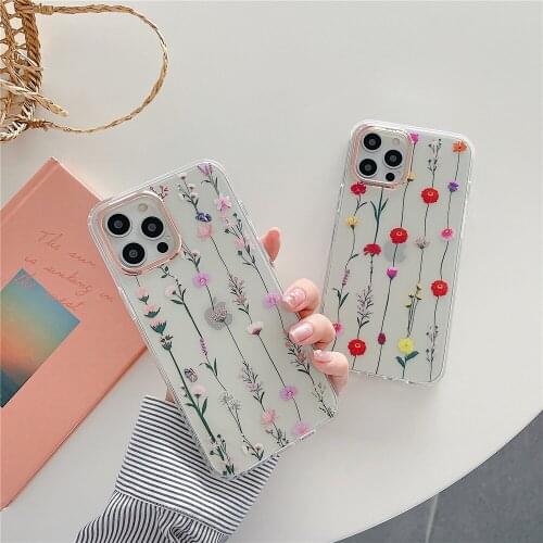 NEW Flower Vine Floral Phone Case For iPhone 12 Pro Max 12 Mini 7 8 Plus X XR XS Max SE 2020 Clear Rose Gold Lens Ring Cover