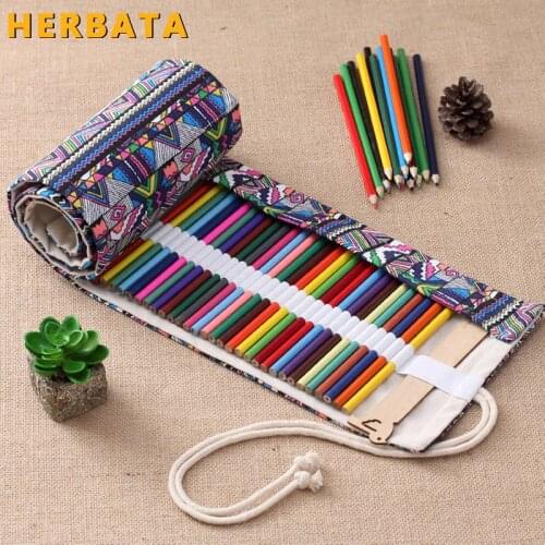National Canvas School Pencil Case 36/48/72 Holes Roll Up Pencil Bag Portable Pencil Box School Supplies material escolar 1955