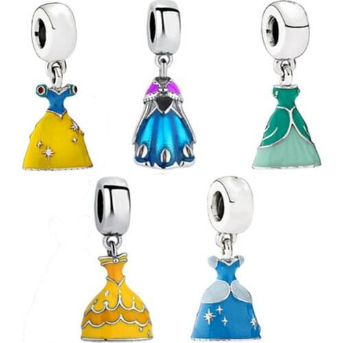 30*14MM Mix Silver Plated Cinderella Princess Dress charms european bead dangle, girls Skirt enamel pendant jewelry accessories