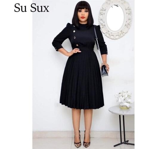 Pleated Dress African Dresses For Women Black Office Lady Dress African Clothes Stand Collar Knee Length Dress Robe Vestidos