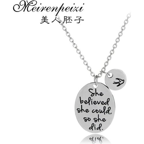 Hand stamped 'She Believed She Could, So She Did' Oval Necklace Inspiration Swallows Pendant Necklace Jewelry for Graduate Gift