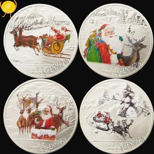 Merry Christmas Commemorative Coin Santa Claus Steer A Sledge and Fawn Challenge Coin 999 Silver New Year Home Decorations Gifts