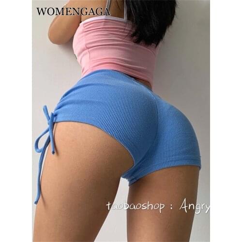 Workout korean Sexy high waist ultra shorts female summer drawstring knitted thin shorts fashion street mini shorts blue EYON