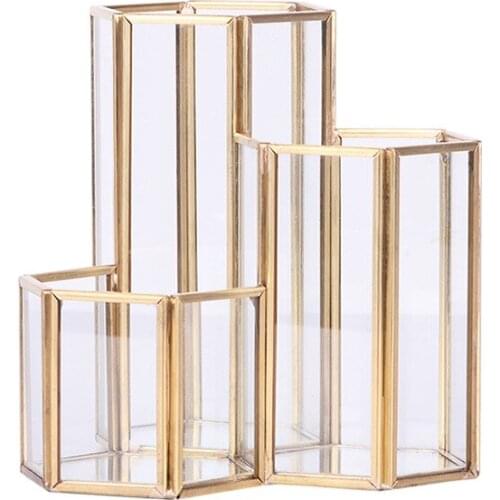 Glass Copper Hexagon Composite Pen Holder Makeup Brush Glass Box Multifunction Desktop Organizer Office Accessories