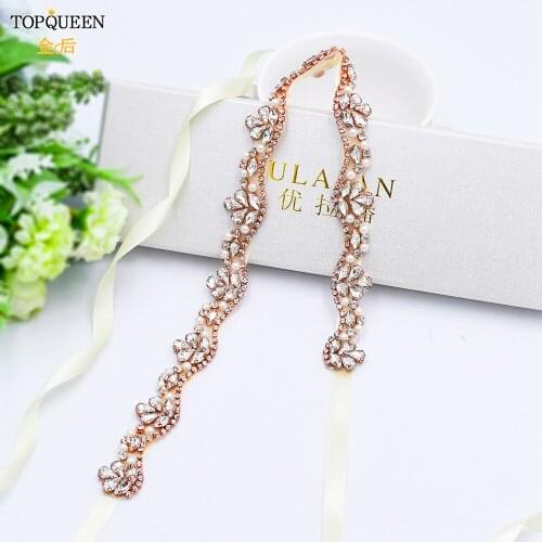 TOPQUEEN S421-RG Bridal Belt for Wedding Gown Pearl and Rhinestone Thin Jeweled Bridal Sash Bridal Belt for Wedding Gown Thin