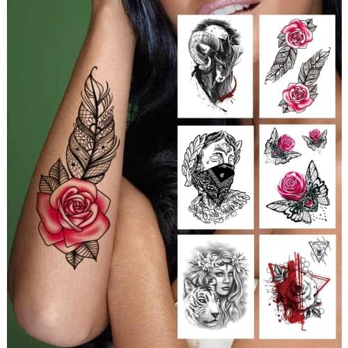 Feather Flower Rose Temporary Tattoos For Women Men Adult Masked Gangster Tattoo Sticker Butterfly Triangle Fake 3D Tatoos Decor