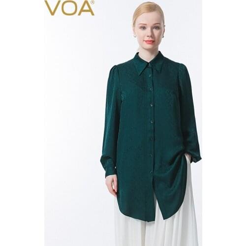 VOA Silk Jacquard Peacock Green Tops POLO Collar Long Sleeve Straight Tube Medium Long Asymmetric Fold Loose Shirt Woman BE695