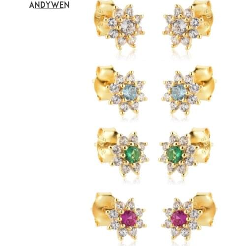 ANDYWEN 925 Sterling Silver 2021 Four Flower Tiny Stud Earring Piercing Crystal Women Pendiente Luxury Jewelry Clips Party