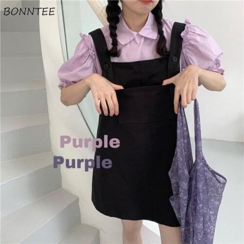 Two Piece Women Sets Purple Shirts Ruched Peter Pan Collar and Solid Black Bottom Korean Style Simple Trendy Cute Popular Chic