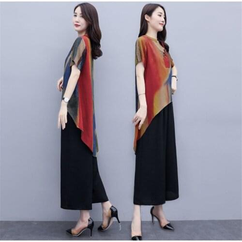 New Summer Women Floral Suit Loose Short-sleeved Tops+Wide Leg Pants Mother 4xl 2-piece Set Ladies Clothing Sets