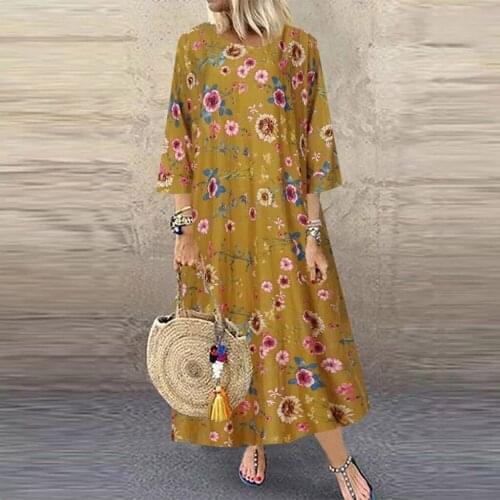 Plus Size Women Cotton Linen Dress Fashion Floral Printed Party Dress Casual Long Sleeves O-Neck Loose Maxi Dress женское платье