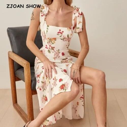 2021 Summer Vintage Floral Striped Print Hem Slit Dress Adjust Tie Bow Strap Sleeveless Dress Sexy Holiday Women Dress