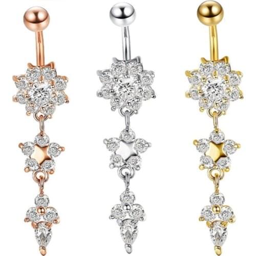 1pc Crystal Dangle Surgical Stainless Ring Waterdrop Multi-layer Star Belly Button Rings Sexy Belly Bar Body Piercing Jewelry