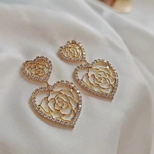 2021 New Arrival Trendy Hollow Flower Heart Dangle Earrings For Women Shiny Rhinestone Love Ear Statement Jewelry Oorbellen Gift