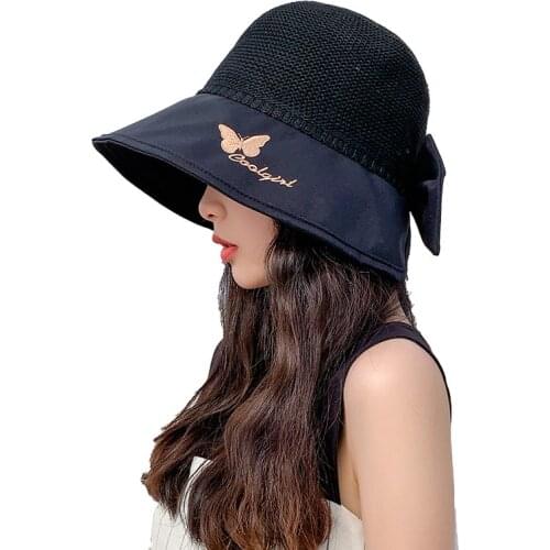 Decorative Bow Sun Hat Cap Bucket Visor Hat Foldable Floppy Beach Cap Wide Brim Packable Cap Outdoor Cap UPF 50+ Summer Travel