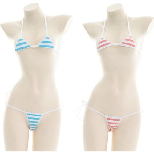 Japanese Cute Bowknot Mini Blue White Stripe Bra & Panties Set Anime Cosplay Womens Young Girl Sexy Bandage Underwear Suit