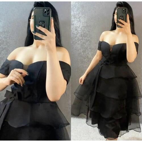Short Off Shoulder Black Muslim Evening Dresses Ruffled Corset Back Abendkleid Formal Party Gown for Women