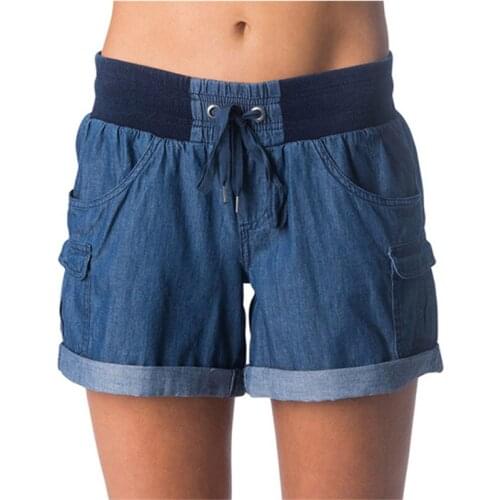 Summer Denim Shorts High Waist Stitching Elastic Waist Women Jeans Short Dark Blue Loose Casual Lace Up Pockets Cowgirl Shorts