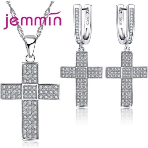 Hot Sale Crystal Cross Pendant Necklace Earrings Sets Paved full Rhinestone 925 Sterling Silver Jewelry Sets for Women