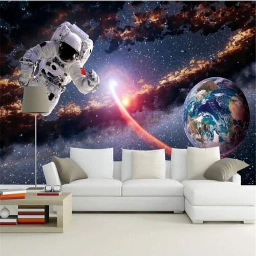 Milofi wall covering wallpaper mural 3D three-dimensional universe astronaut earth planet solar system milky way background
