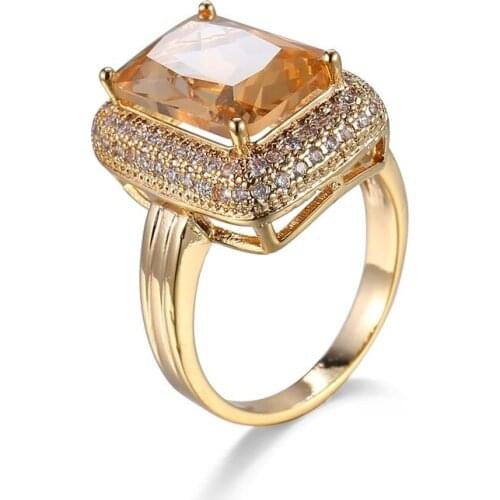 Fashion Jewelry Women Wedding Princess Cut Champagne Zircon Gold Palted Rings Bridal Ring