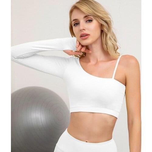 2021 Spring New Long Sleeve Yoga T-shirt Oblique Shoulder Sexy Crop Tops Elastic Tight Fitness Running Pilates Top With Padded