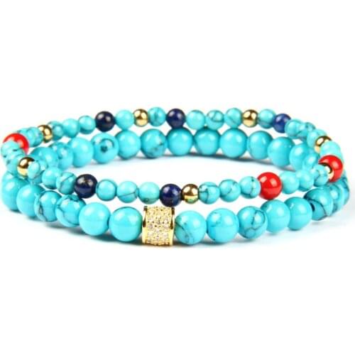 Ailatu New Design Micro Pave Cz Cylinders Beaded Sets Bracelet with 4 and 6mm Blue Stone Beads