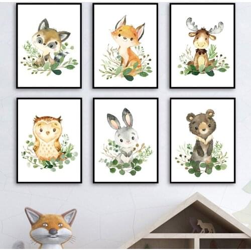 Deer Owl Bear Rabbit Fox Raccoon Animal Wall Art Canvas Painting Nordic Posters And Prints Wall Pictures Kids Room Nursery Decor