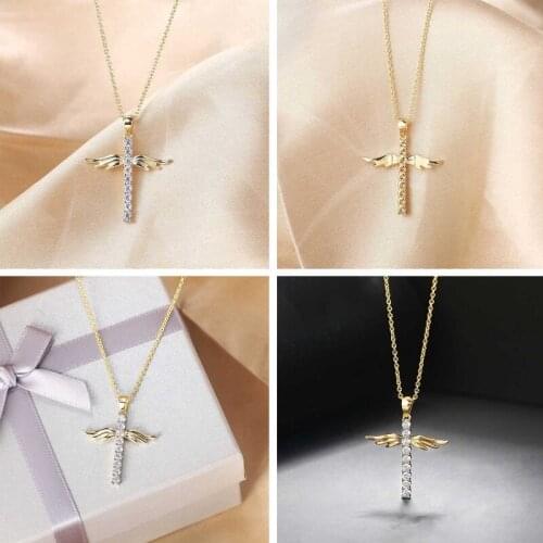 Pendant Necklace For Women Korean Angel Wings Cross Zircon Light Gold Color Choker Chains Gift Jewelry Wholesale